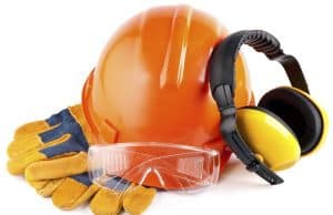 casco cuffie mascherina e guanti, dispositivi di sicurezza sul lavoro